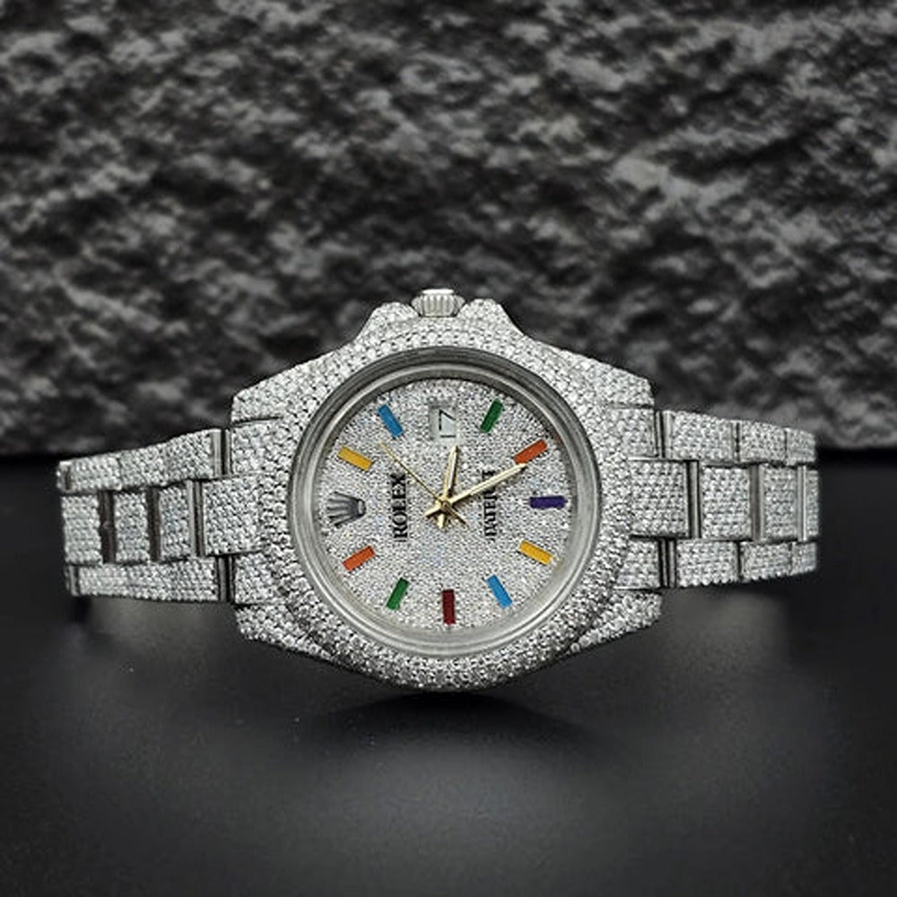 Rainbow Numerical Iced Out Moissanite Wrist Watch For Him