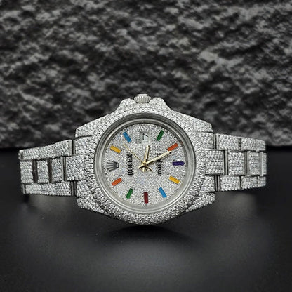 Rainbow Numerical Iced Out Moissanite Wrist Watch For Him