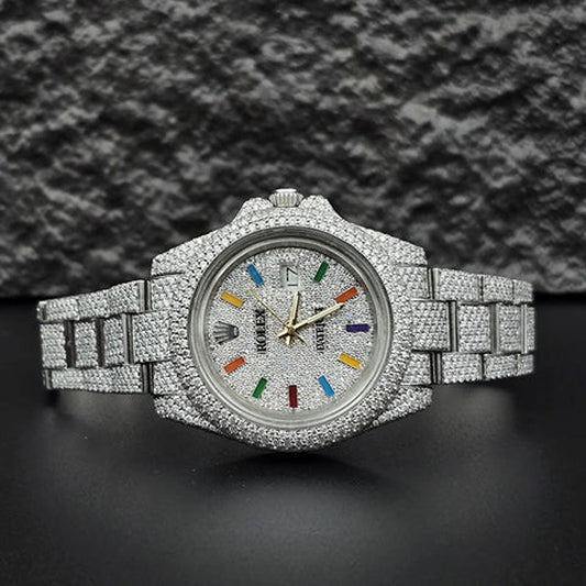 Rainbow Numerical Iced Out Moissanite Wrist Watch For Him