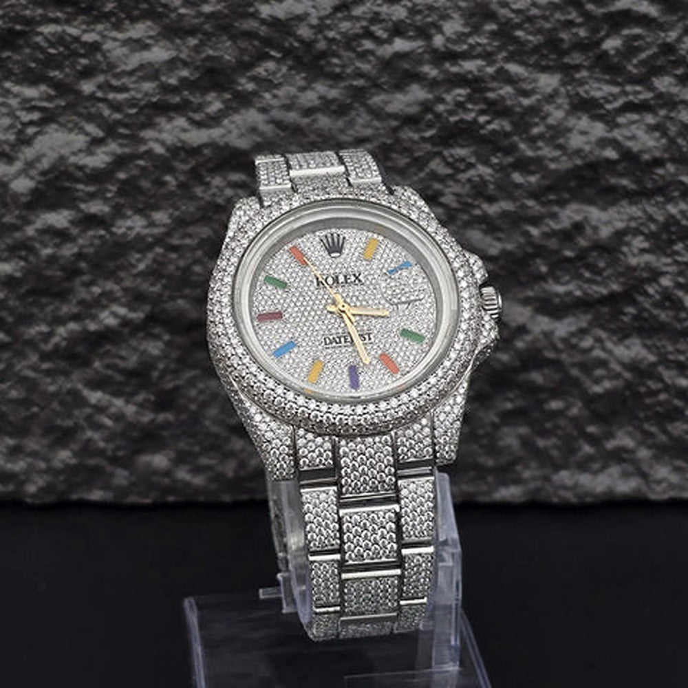 Rainbow Numerical Iced Out Moissanite Wrist Watch For Him